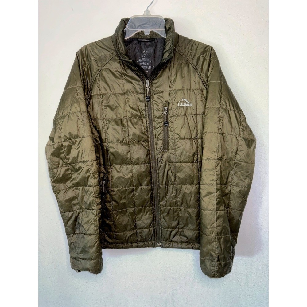 LL Bean Mens Primaloft Packaway Jacket Olive Green Quilted Puffer Medium Reg